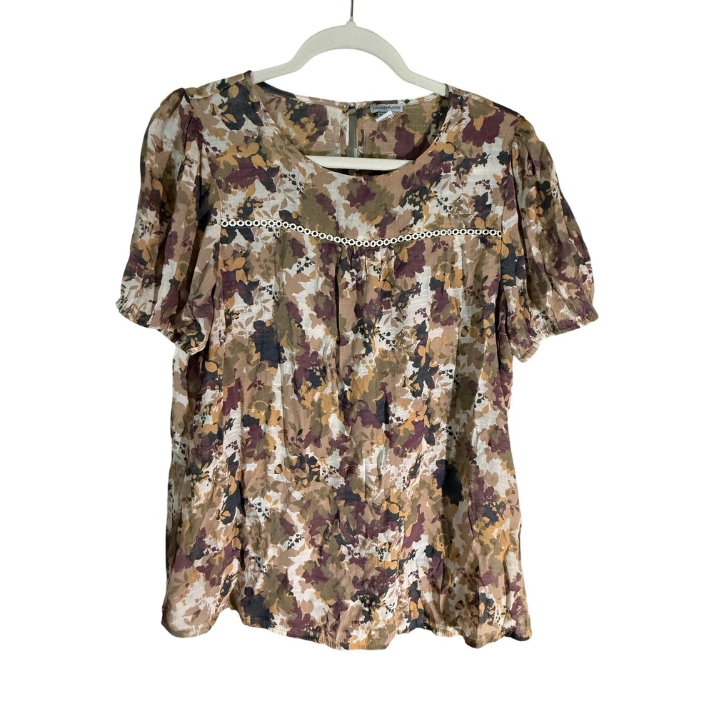 Paraphrase Tunic Blouse Womens L Multicolor Round Neck Puff Sleeve Crochet